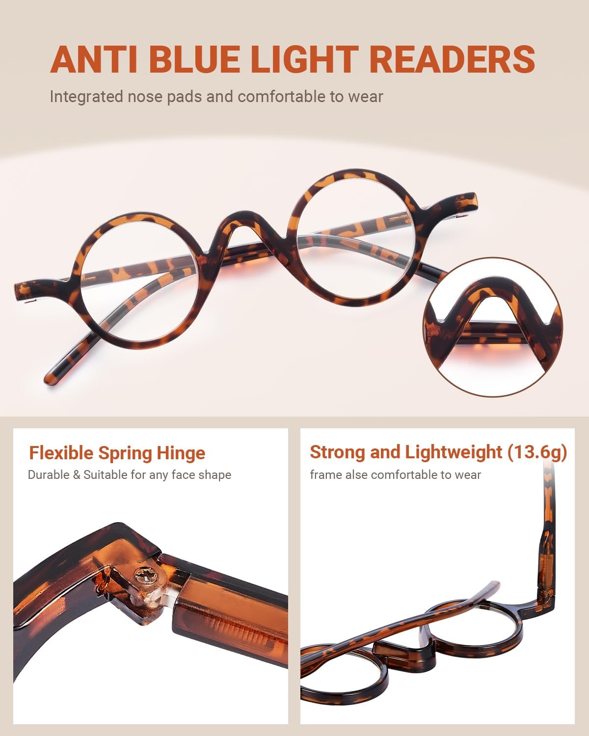 JM 5 Pack Round Reading Glasses for Women Men, Vintage Small Blue Light Blocking Computer Readers with Spring Hinges - Image 3