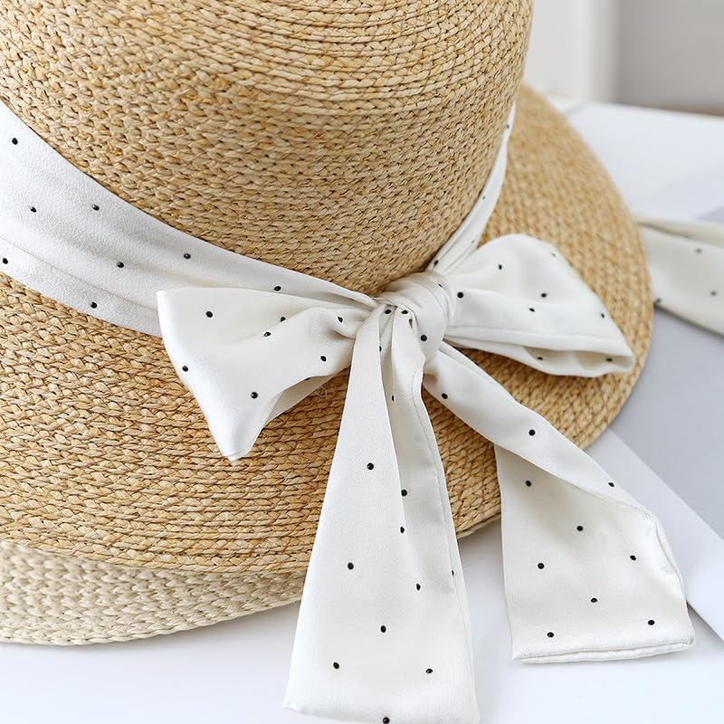 Sombrero de Paja de ala Ancha y Plana para Mujer,Ligero,con Lazo de Lunares de Satén,Transpirable,Resistente A Los Rayos UV,para Playa,para Caminar y Viajar