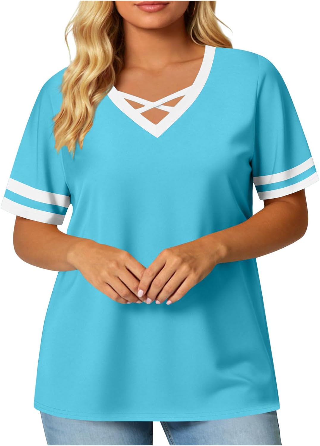 Women's Color Block Plus Size T-Shirts Short Sleeve V Neck Loose Fit Tees Casual Summer Workout Top Fashion Clothes