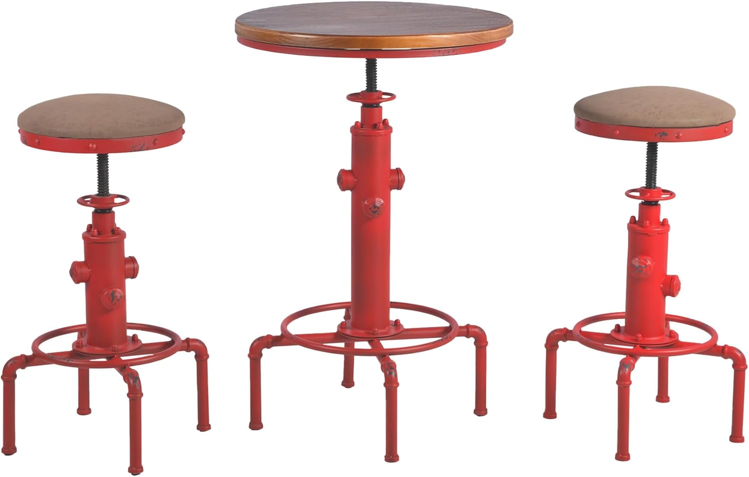 Industrial Fire Hydrant Bar Table Set for 2, Red Metal with Wood Top, Adjustable Height Pub Table with 2 Stools, 36 Inch Round Table