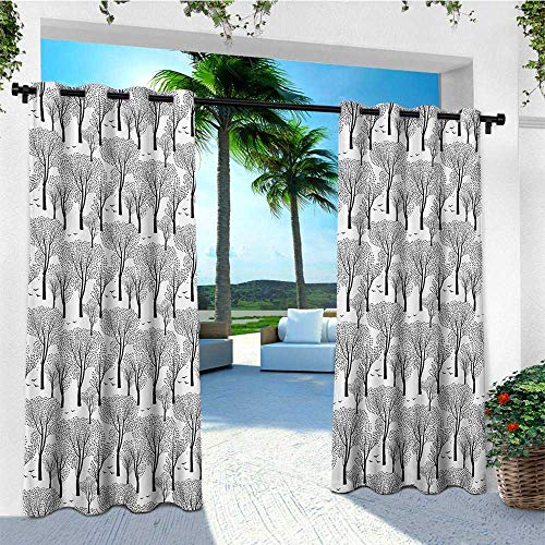 leinuoyi Winter, Outdoor Curtain Extra Long, Monochrome Abstract Forest Pattern Trees Leaves Birds Wildlife Woodland Nature, for Patio Furniture W120 x L108 Inch Black White