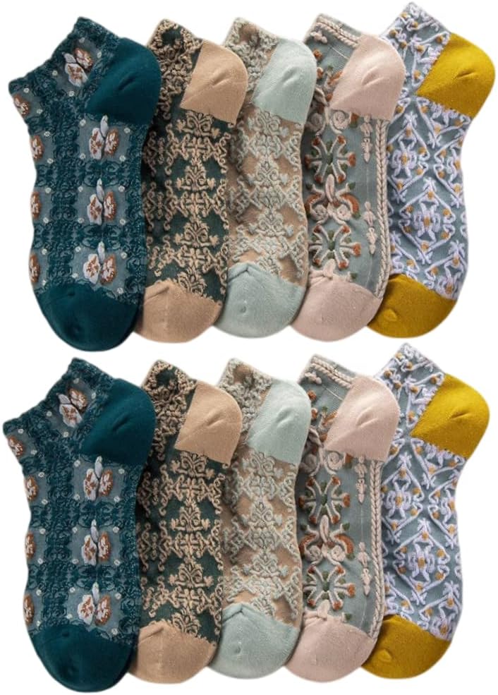 Womens Floral Socks Vintage Low Cut Ankle Socks for Women Cotton Casual Crew Socks Gifts for Women(4/5/6/7/8/10 Pairs)