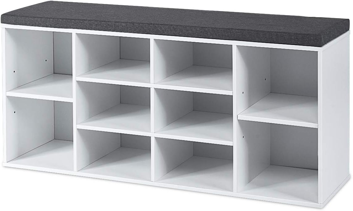 KOTEK Wooden Shoe Bench with Cushion, 10-Cube Shoe Rack Cabinet w/Adjustable Shelves, Shoe Storage Organizer for Living Room, Bedroom, Entryway (White)