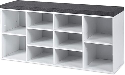 Miniatura 9 de KOTEK Banco de zapatos de madera con cojín, zapatero de 10 cubos con estantes ajustables, organizador de almacenamiento de zapatos para sala de