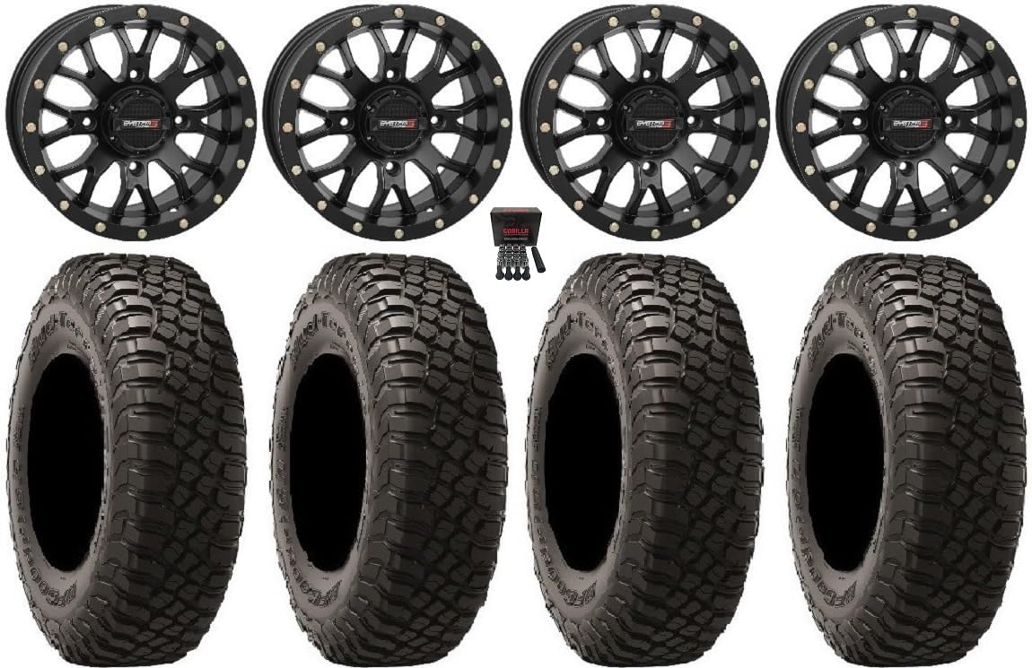 Bundle - 9 Items: System 3 ST-3 Black 15" Wheels 30" BFG KM3 Tires [4x156 Bolt Pattern 12mmx1.5 Lug Kit]
