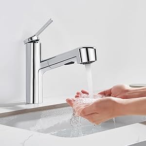 Chrome Single Hole Bathroom Faucet with Pull-Out Sprayer, Bathroom Sink Faucet Vanity Laundry Outdoor Utility Faucets with Deck Plate, Polished Finish