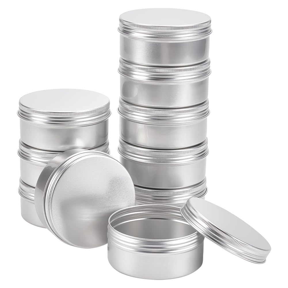 BENECREAT 10 Pack 5 OZ Tin Cans Screw Top Round Aluminum Cans Screw Lid Containers - Great for Store Spices, Candies, Tea or Gift Giving (Platinum)
