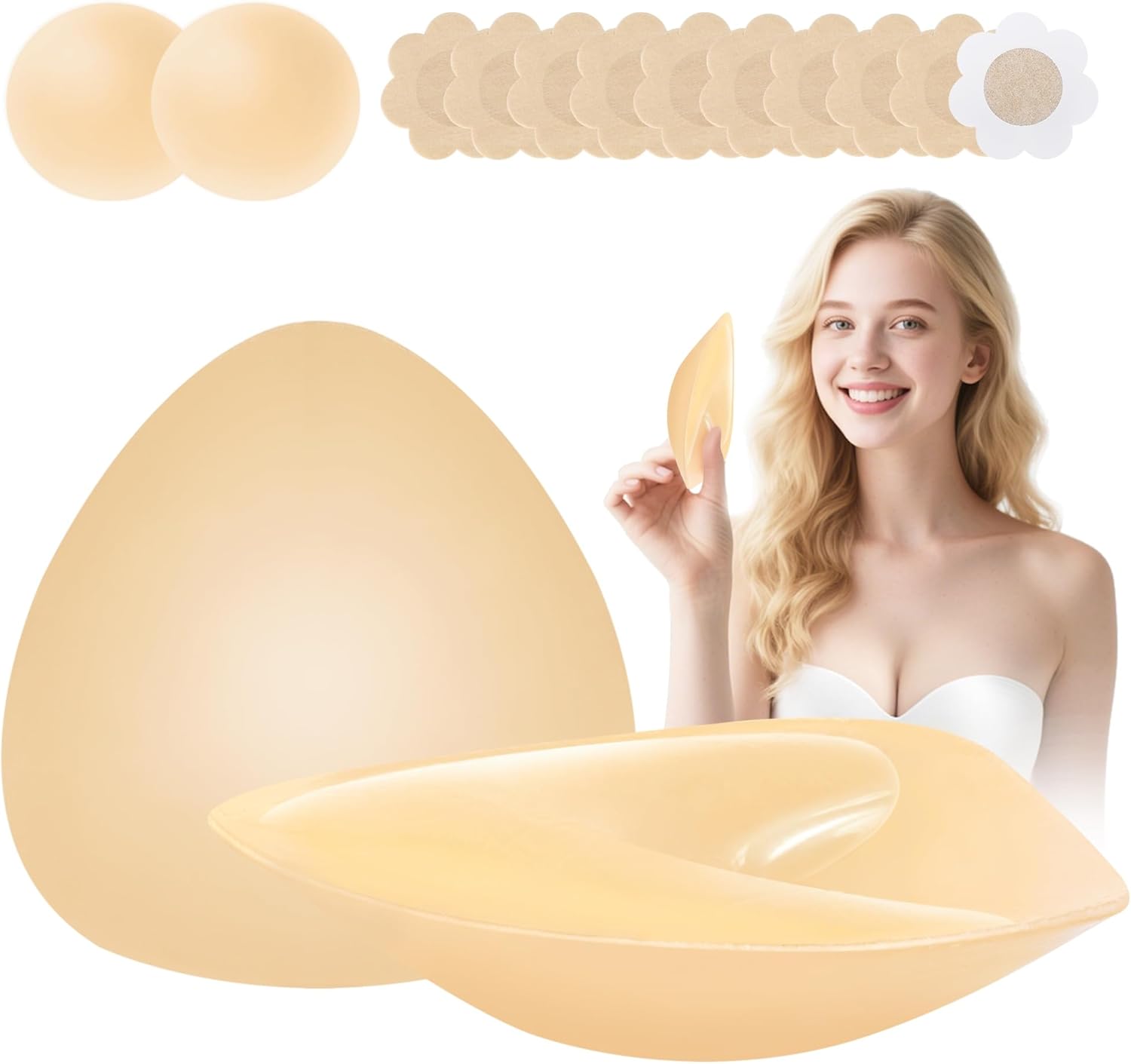 Sticky Bra Inserts - Soft Invisible Reusable Double Sided Sticky Bra with Lift Support, Washable for Bikini, Strapless Dress D Beige 1 - Image 1 of 7