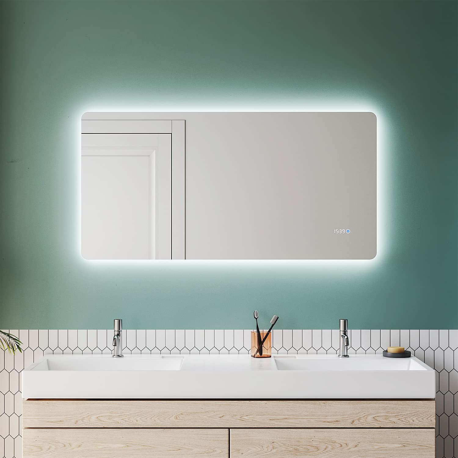SUNXURY Espejo de baño LED con reloj, 120 x 60 cm, espejo de baño con iluminación e indicador de temperatura, espejo de baño con táctil, color blanco frío, IP44