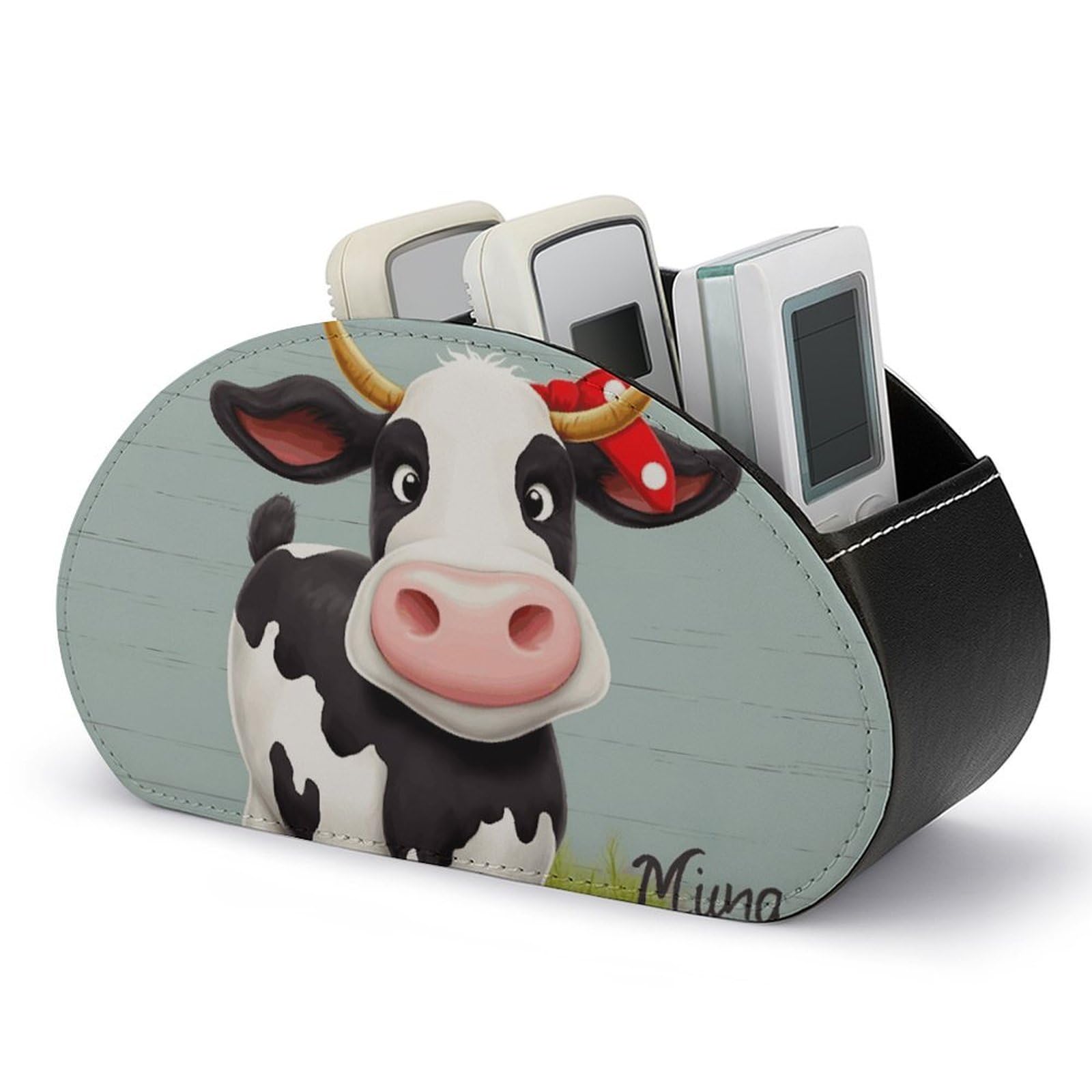 JTREHY Cute Cow Remote Control Holder with 5 Compartments Pu Leather Remote Caddy Box Multi-functional Deskt Holders Organizer Box Tray Bedside Table Storage Organizer