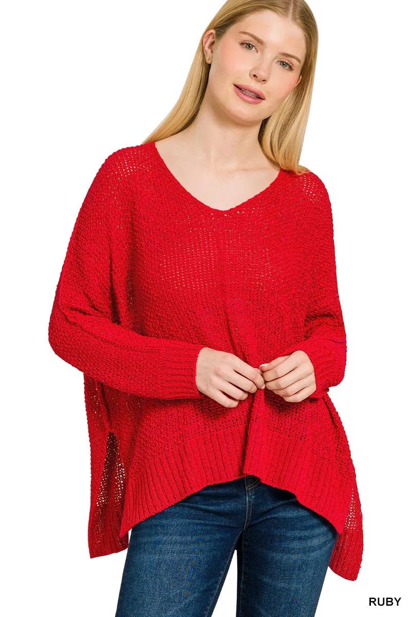 Zenana Dolman Sleeve V-Neck Sweater Ruby L XL