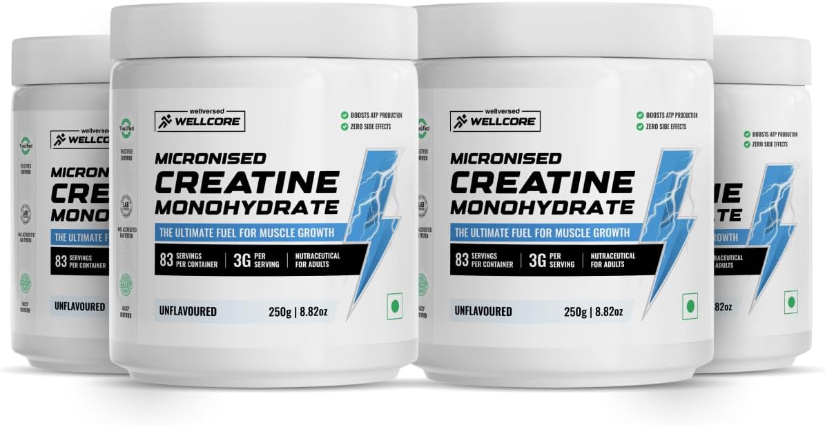 Wellcore Pure Micronised Creatine Powder (83 Servings, Unflavoured) For Enhanced Muscle Strength With Rapid Absorption | Creatine Monohydrate | Wellcore Creatine Unflavoured - 250g (Pack Of 4)
