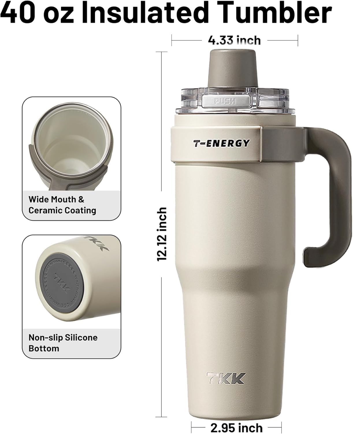 TKK 40 oz Tumblers with Handle and Straw, Ceramic Coating Insulated Bottle 100% Leakproof Travel Mug for Water, Iced Tea or Coffee, Smoothie, Cup Holder Friendly Base, Beige - Image 6