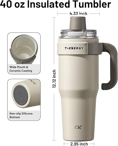 Miniatura 6 de TKK Vasos de 40 onzas con asa y popote, botella aislada con revestimiento de cerámica, taza de viaje 100% a prueba de fugas para agua, té helado o
