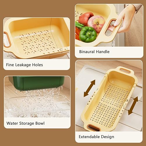 Miniatura 7 de Colador sobre el fregadero con cuenco extensible para lavar la cocina, 2 en 1, de doble capa y cesta para lavado de frutas y verduras, pasta de