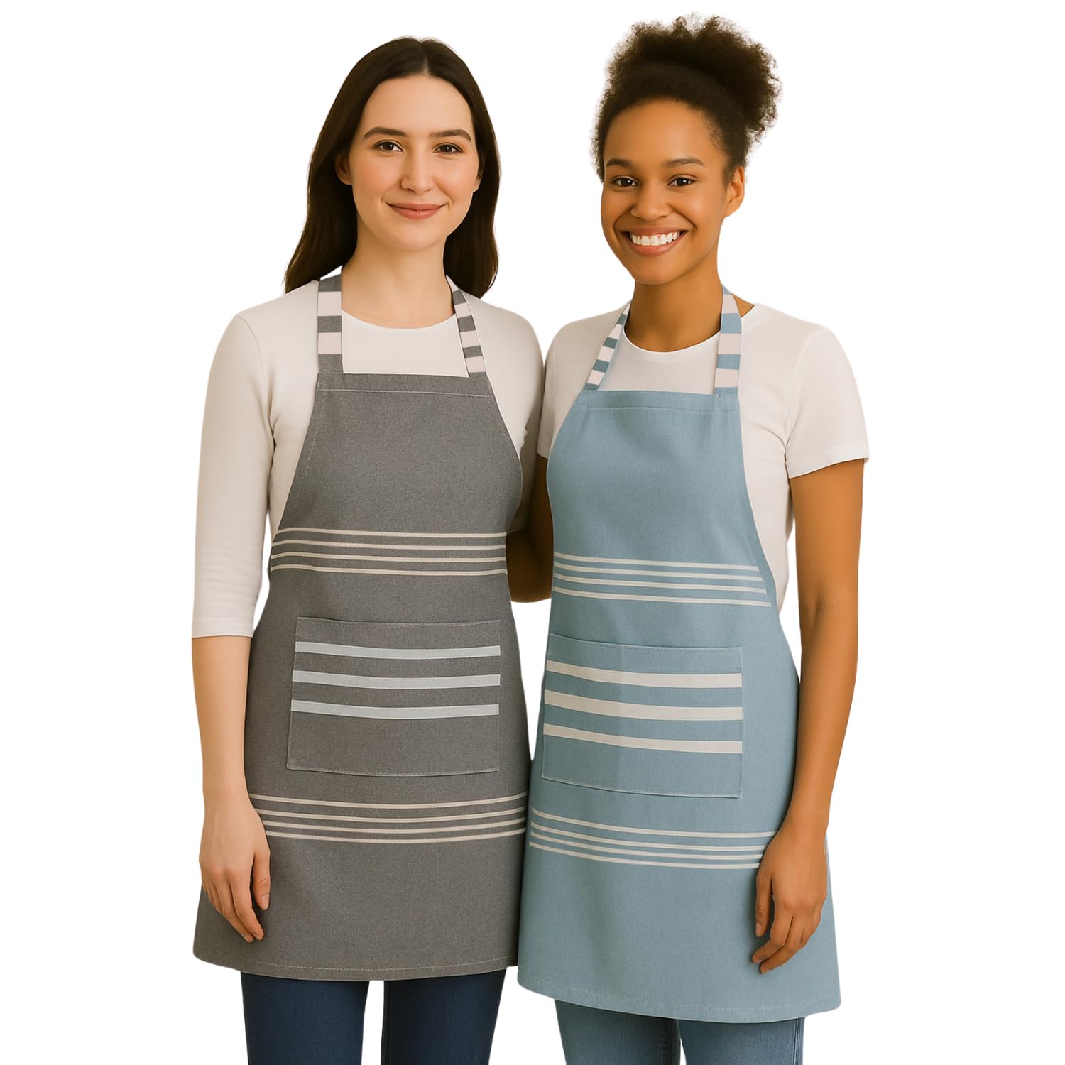 Värde 2 Pcs Unisex Cooking Aprons | Spillproof Layer | Striped Design with 2 Front Pockets & Free Size Neck Strap | Durable, Oil & Stain Resistant | Chef Apron for Cooking (Hit Grey & Rock Blue)