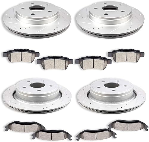 SCITOO Rotores de disco DS delanteros de 13.23 pulgadas y traseros de 13.86 pulgadas + pastillas de freno de cerámica de repuesto para Chrysler