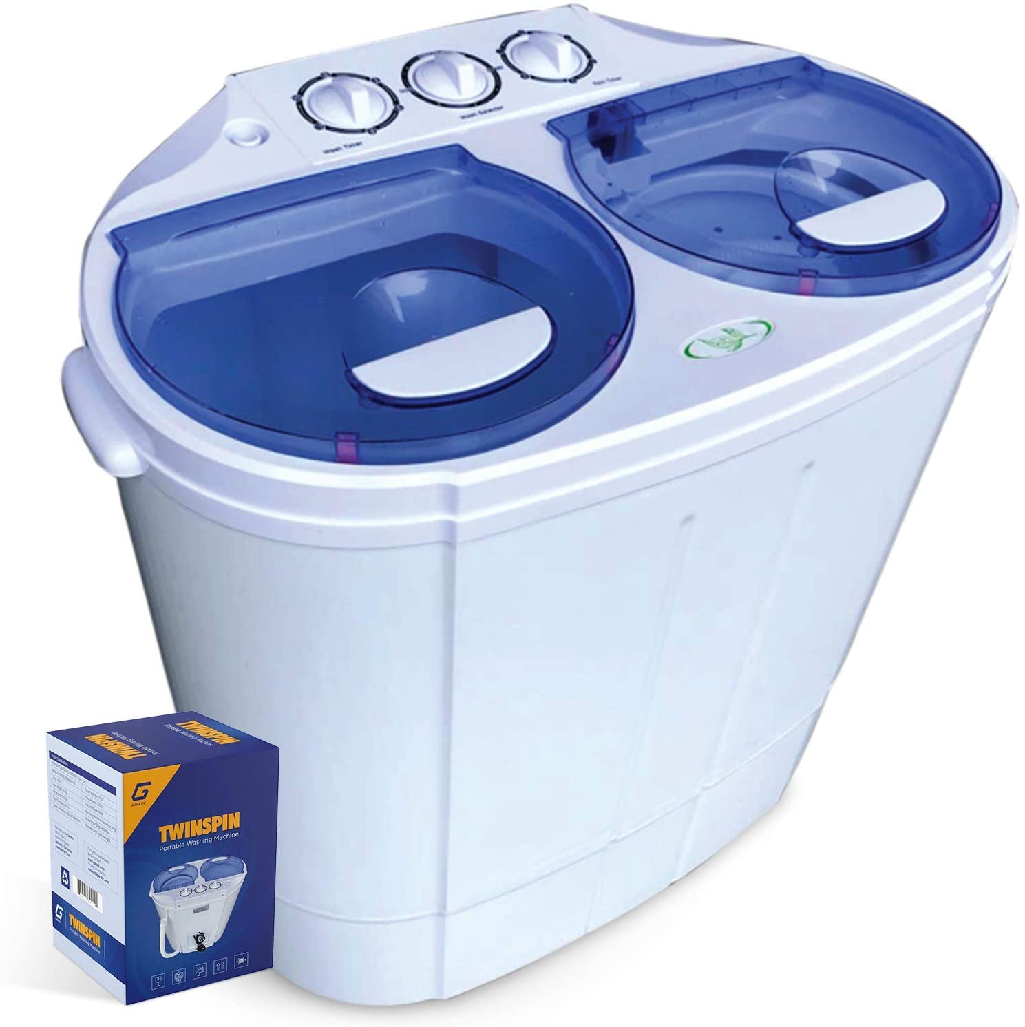 Garatic Portable Compact Mini Twin Tub Washing Machine w/Wash and Spin Cycle, Built-in Gravity Drain, 13lbs Capacity For Camping, Apartments, Dorms, College Rooms, RV’s, Delicates and more