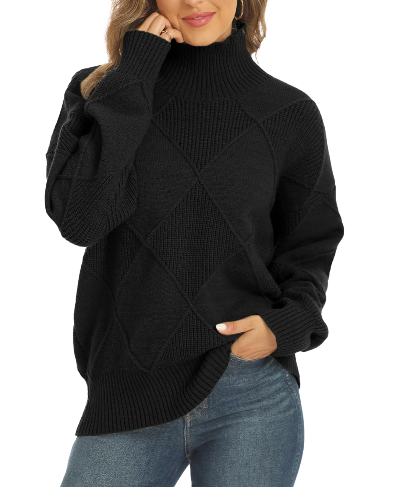 JFAN Maglione Donna a Collo Alto Elegante Pullover Vintage in Maglia a Rombo Manica Lunga Maglione Sciolta Caldo per Autunno e Inverno