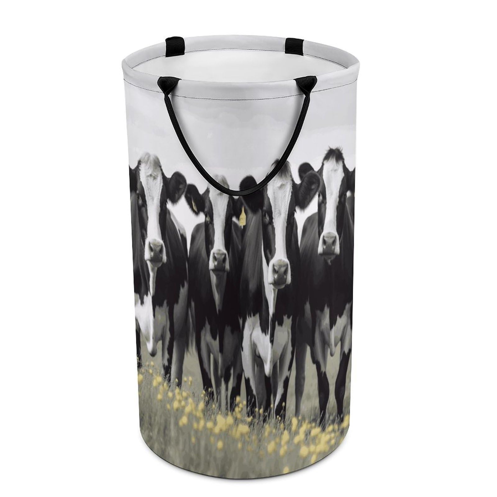 Black White Cows Laundry Hamper Waterproof Polyester Laundry Baskets Collapsible Dirty Clothes Storage Basket Clothes Hampers with Sturdy Handles for Travel Bedroom