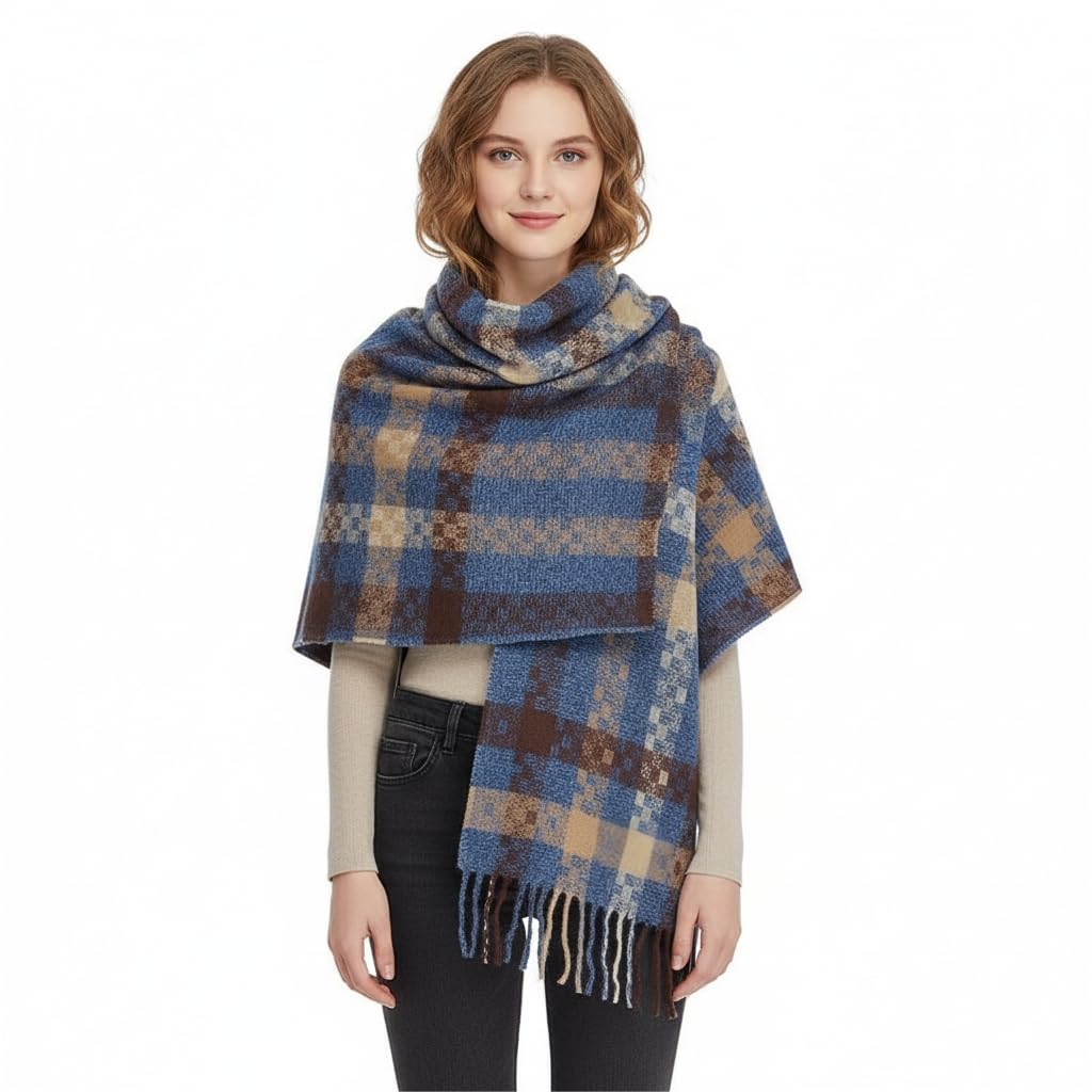 Candsliky Winter Scarf for Women,Plaid Blanket Scarf, Long Warm Shawl for Women, Cold Weather Wrap, Colorful (Blue)