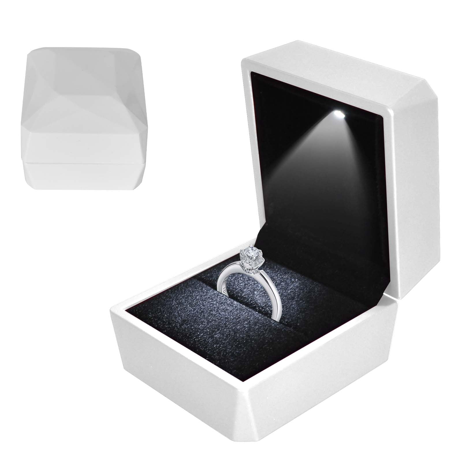 Ring Box With LED Light, Velvet Ring Boxs, Jewelry Display Gift Box with LED Internal Lighting, LED Lighted up Ring Storage Holder Display Case, for Proposal Engagement Wedding, 5.8*6.3*5cm, White-a