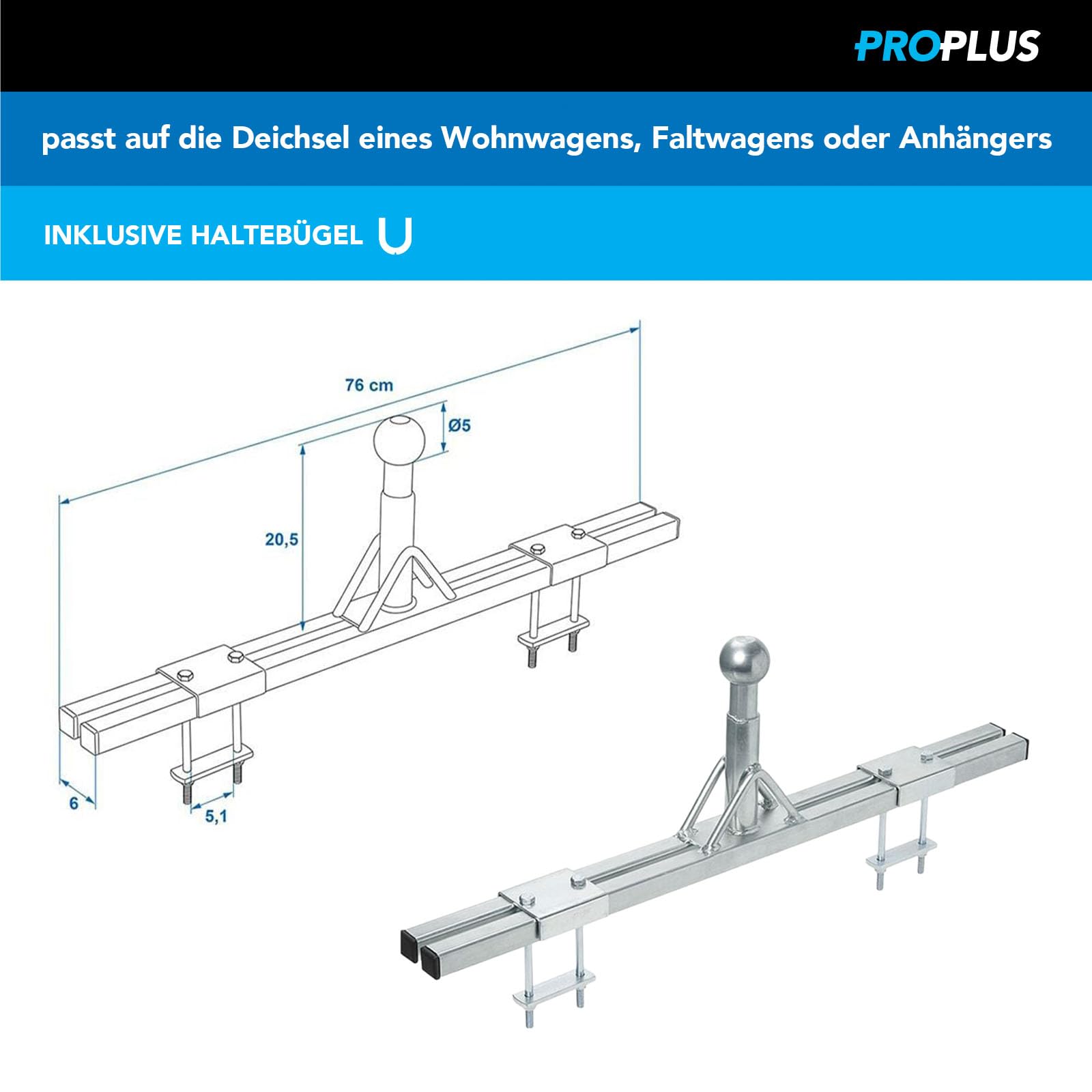 ProPlus Deichselaufnahme für Fahrradträger (niedriges Modell) – Für Wohnwagen, Faltcaravan und Anhänger – Befestigungsmaterial, – Silber