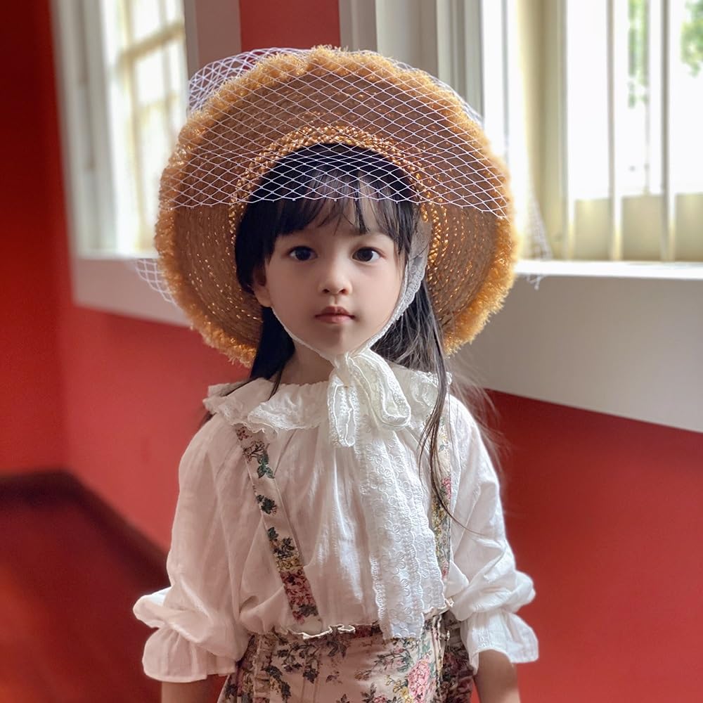 Generisch Cappello estivo per bambini in paglia Raffia - Cappello da sole con fascia in pizzo e tesa larga, protezione UV 4-8 anni