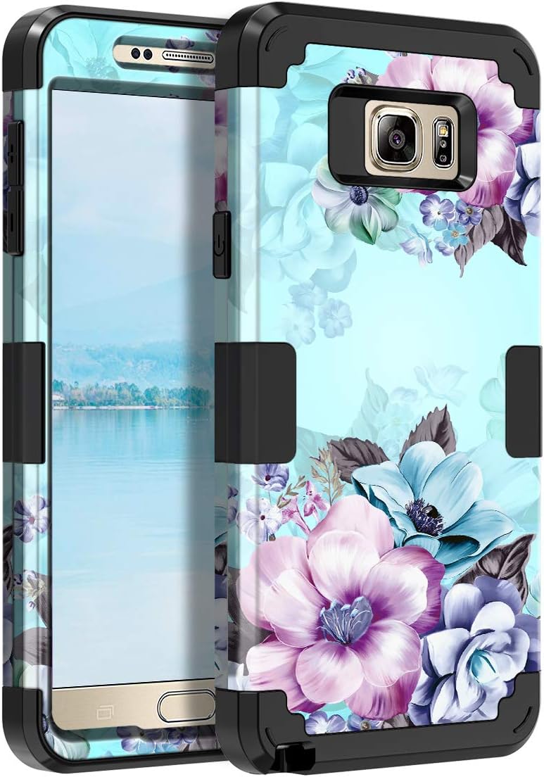 Casetego Compatible with Galaxy Note 5 Case,Floral Three Layer Heavy Duty Hybrid Sturdy Shockproof Full Body Protective Cover Case for Samsung Galaxy Note 5,Blue Flower