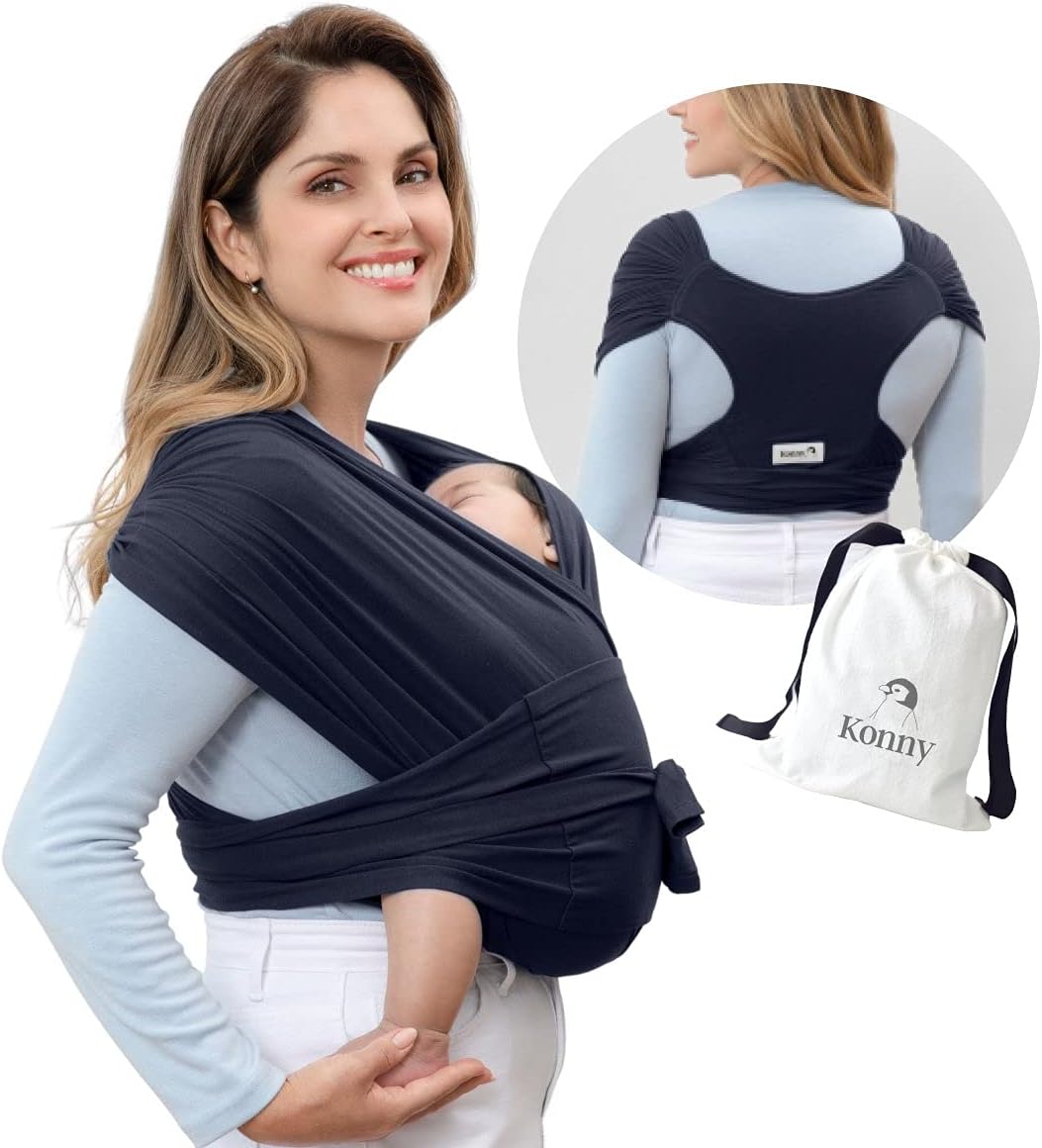 KonnyBaby Carrier Elastech Carrier Wrap, Easy to Wear Baby Wrap Carrier, Perfect Essentials Cloths for Newborn Babies up to 44 lbs, (Navy, M)