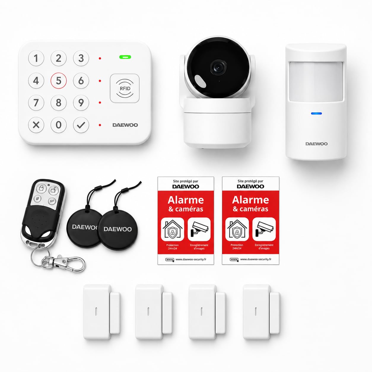 Kit Alarme sans Fil Vigilia | Centrale avec Clavier, Caméra Full HD, Détecteur Mouvement, 2 Contacteurs 2-en-1, Télécommande, 2 Badges RFID | sans Abonnement | App Daewoo Home Connect