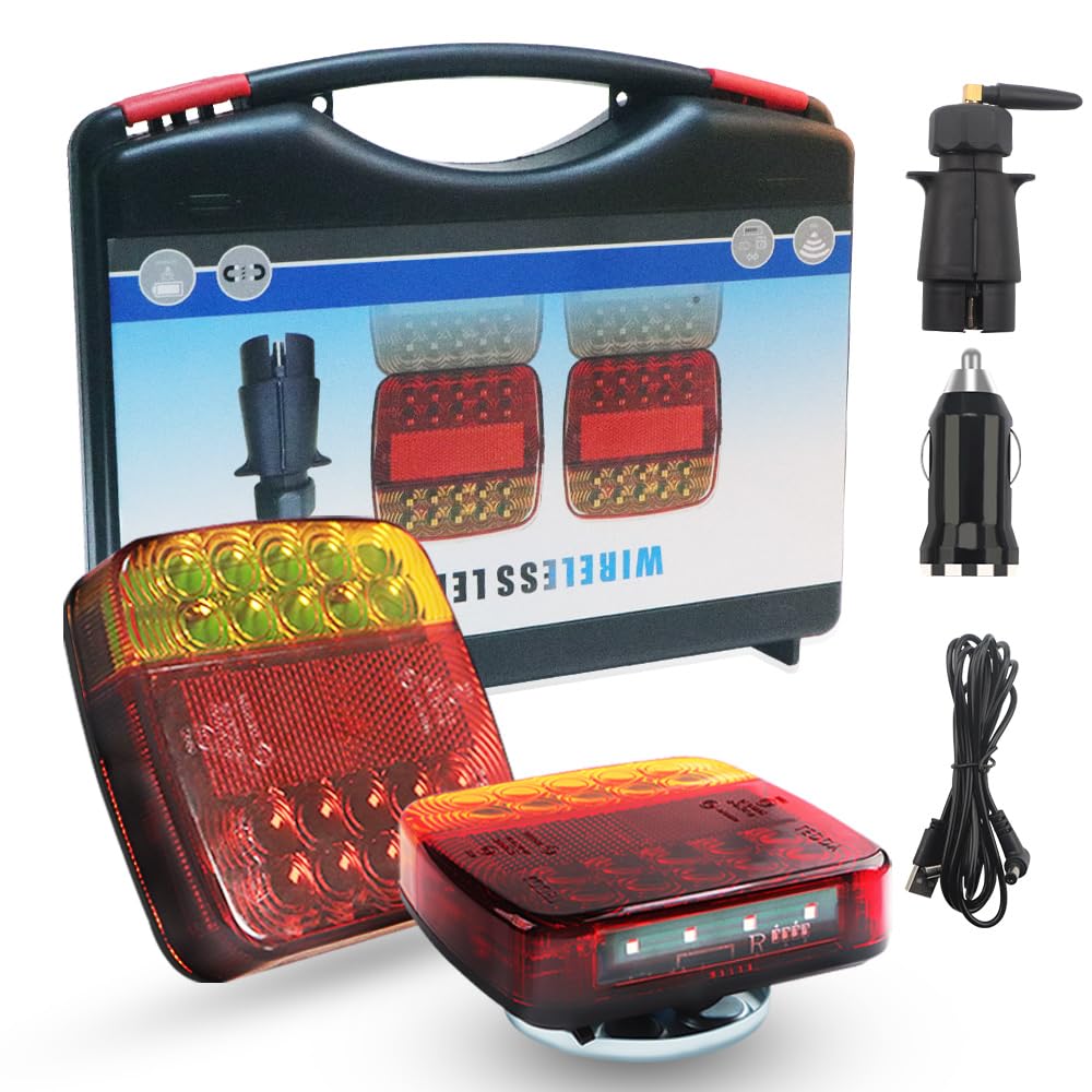 Luces Traseras para Remolque Inalámbricas Magnéticas, Luces Traseras para Remolque con Enchufe de 7 Pines, 12-24V 5 Funciones, para Barco Camión RV Pickup Camper Caravana