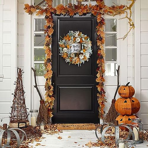 Image of 20inch Thanksgiving Fall Wreath, Eucalyptus Berries Pumpkins Lamb Ears Leaves Autumn Wreaths for Front Door, Fall Decor, Porch Wall, Home Outdoor Holiday Decorations Wreath for Autumn