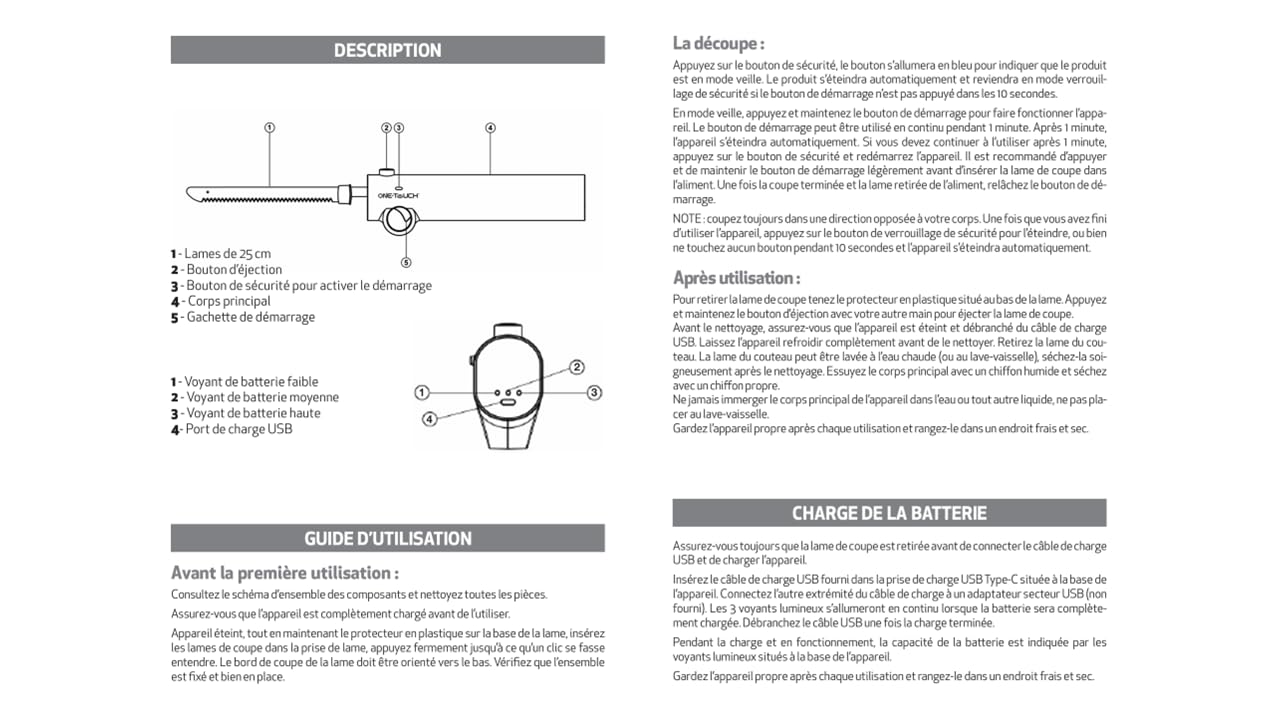 Cadeau Fête des Pères - Couteau Électrique Sans fil ONE TOUCH KC157 – Découpe Sans Effort Rôtis, Volaille, Pain – Rapide, Précis – Maniement Facile et Sécurisé – Idéal si problème de préhension