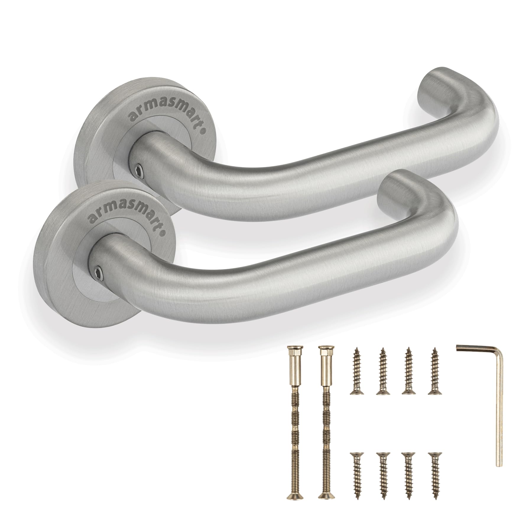 UAP Armasmart® Return to Door Lever on Rose Handle – Antibacterial & Anti-Viral Coating, Disabled Toilet Door Lock, Safety Handle for Accessibility – Brushed Stainless Steel