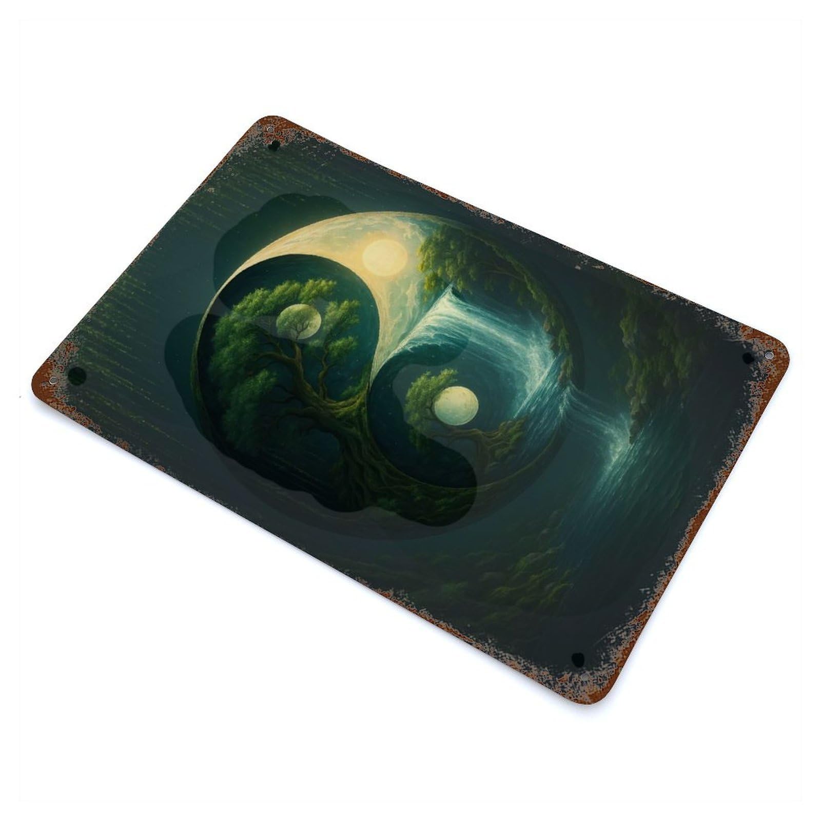 Distressed Metal Wall Sign Yin Yang Nature Landscape 11.8"x7.9", Old School Wall Decor for Bistro, Counter And Cafe Decor