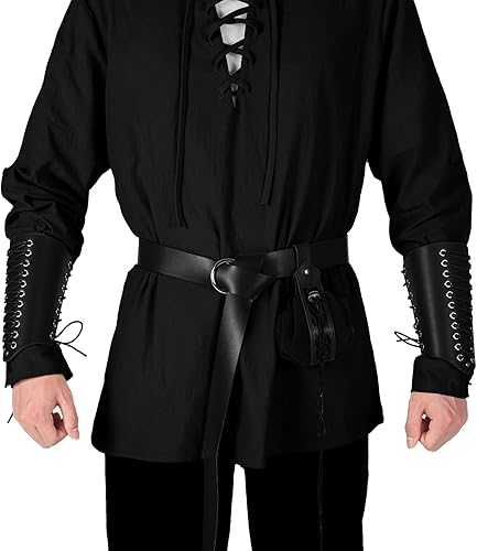 Miniatura 3 de Jeyiour Conjunto de disfraz renacentista para hombre, camisa medieval, traje de pirata, cosplay, vikingo, pantalones de tobillo, bolsa para cinturón
