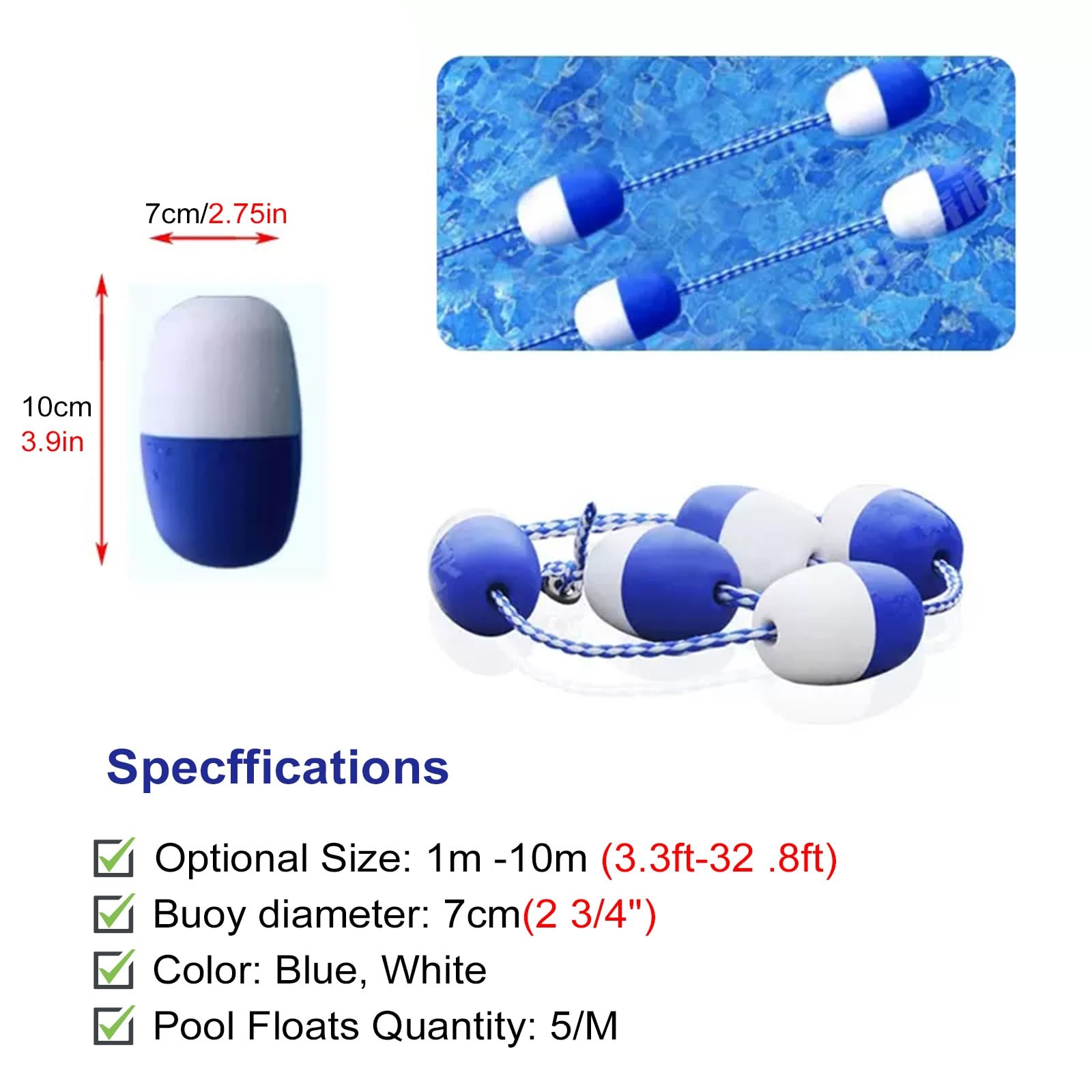 corde de séparation de sécurité pour piscine Corde de Séparation de Piscine avec Les Kits Flotteur Bleu Blanc, Sécurité Ligne Flottante pour Séparer la Zone D'eau Profonde et Peu Profonde ( Size : 10m