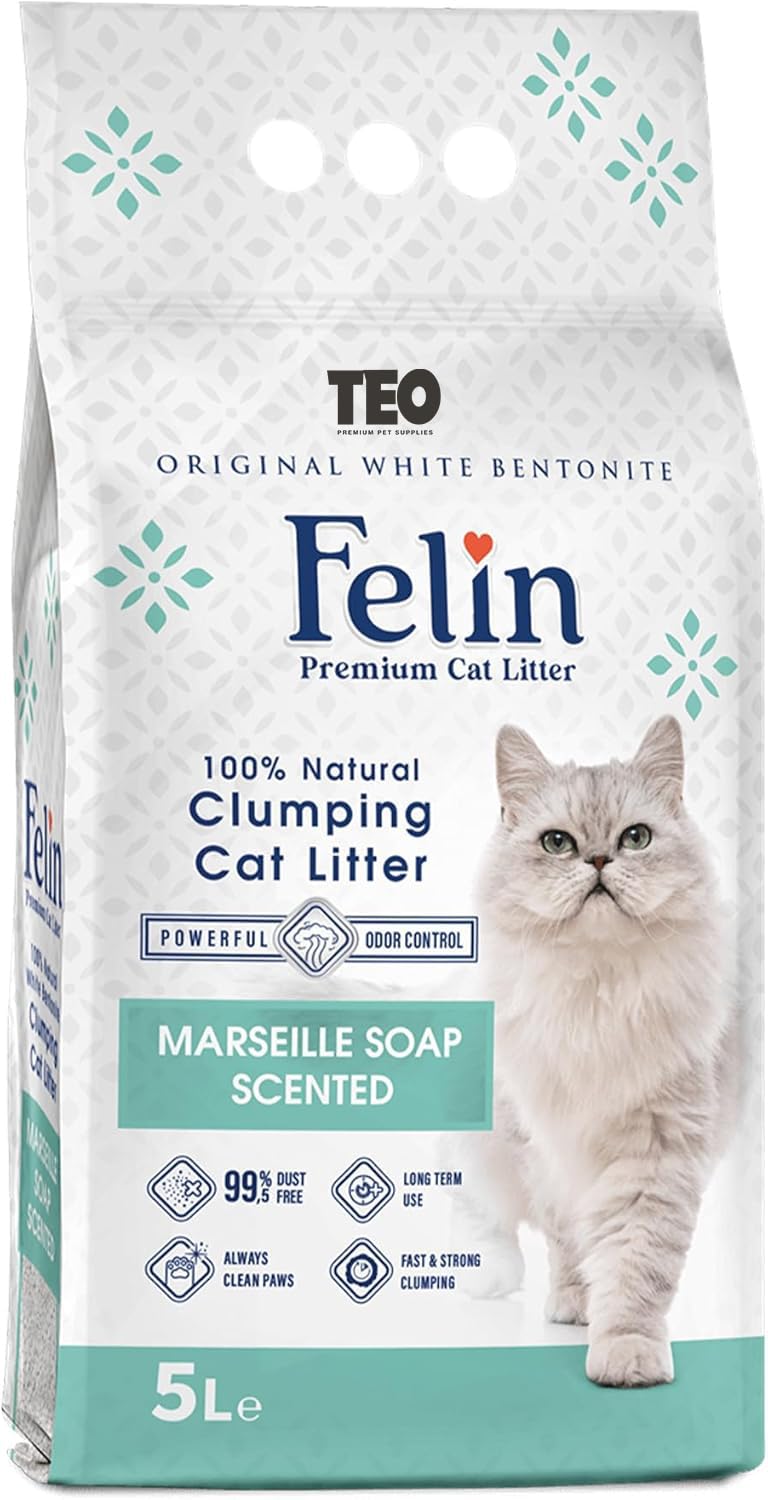 Felin Cat Litter Clumping 100% Natural Bentonite, Clumping 99.5% Dust Free, Forever Fresh, Pet-Friendly, Fighting with Odors Marseille Soap Scented (5 L)