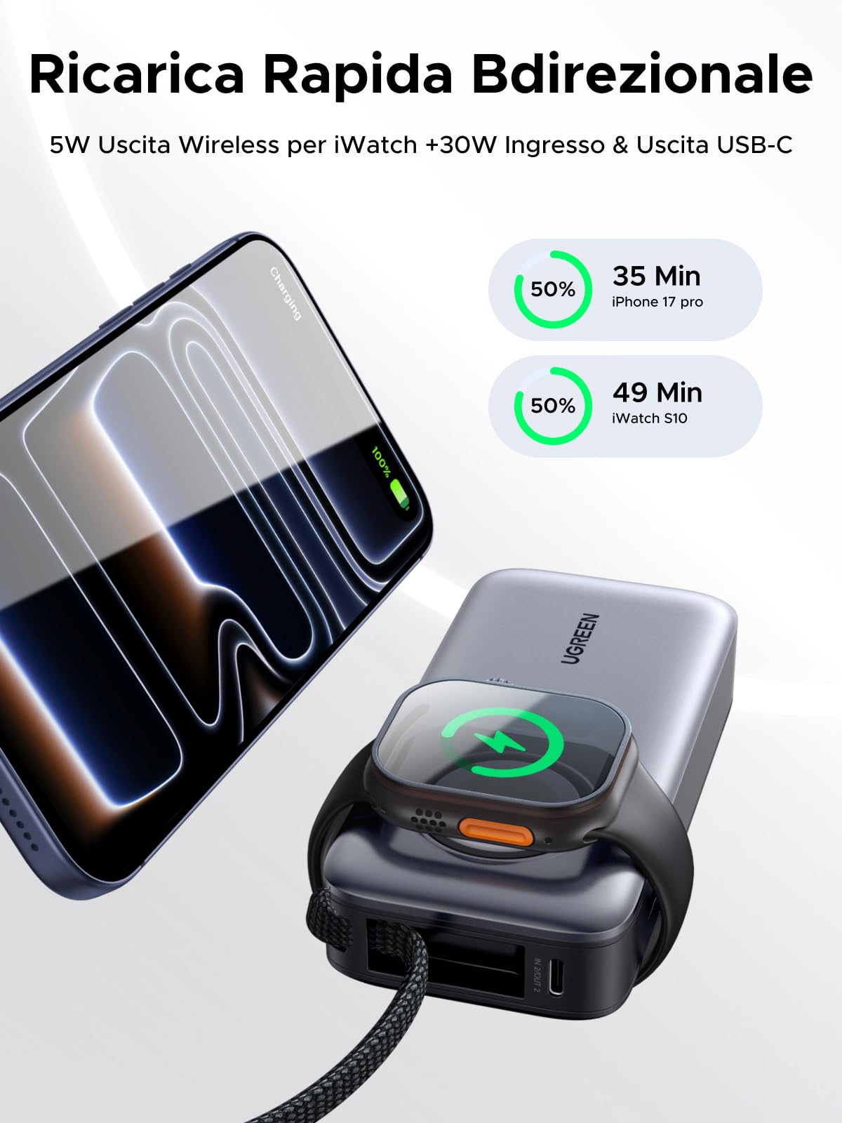 UGREEN Nexode 30W Power Bank 10000mAh Caricatore Portatile Ricarica Rapida | 4 IN 1, Cavo USB C Integrato, 2 Porte 1C1A, Ricarica Magnetica 5W per iWatch, Compatibile con iPhone 17 16 14 Galaxy S26 S25