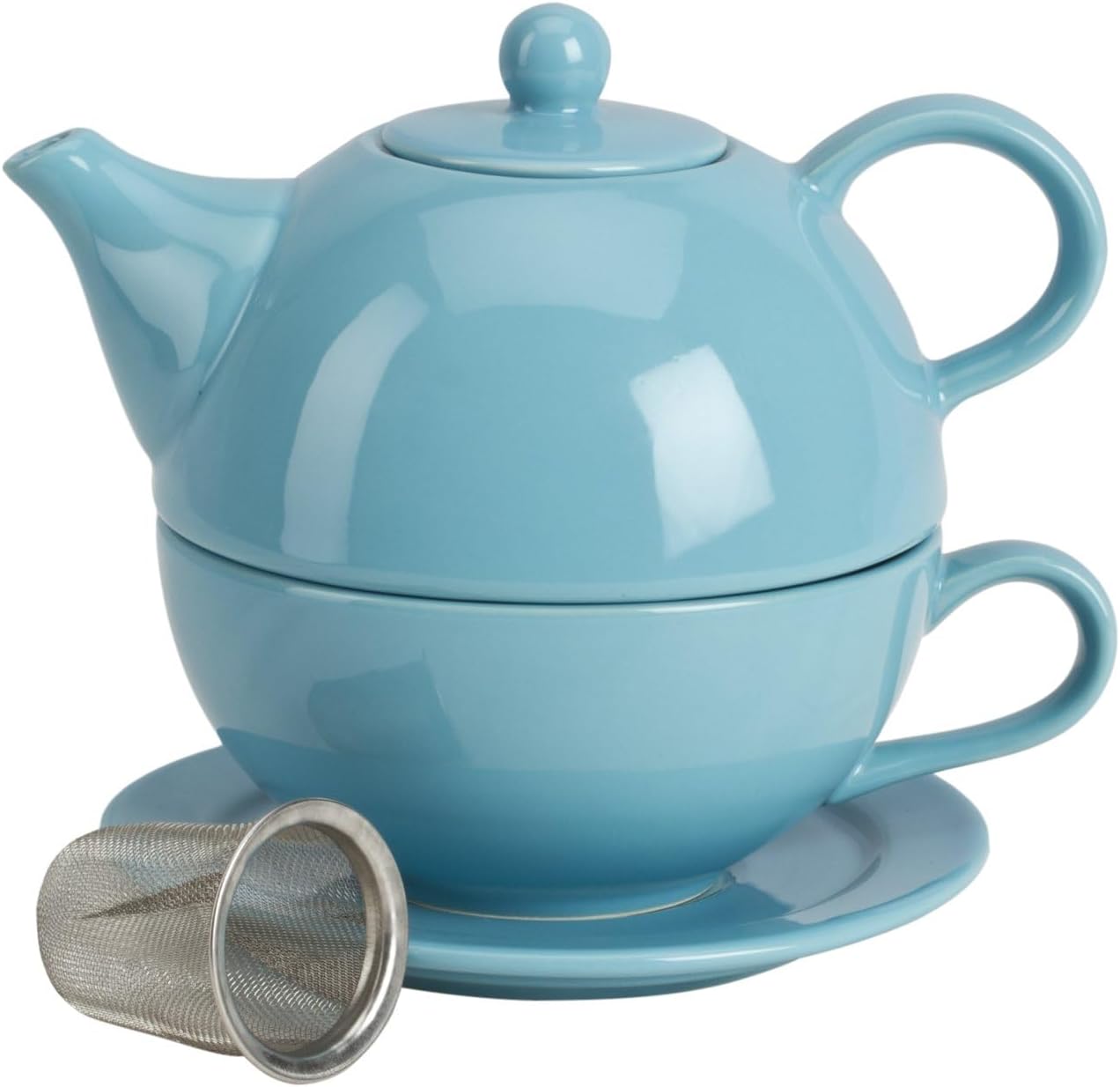 Omniware Teaz Tea for One Set - 10 Oz Teapot, 8 Oz Mug, Saucer, Removable Stainless Steel Infuser - Lead-Free Glaze Stoneware, Drip-Free Spout, Stackable, Dishwasher Safe (Turquoise)