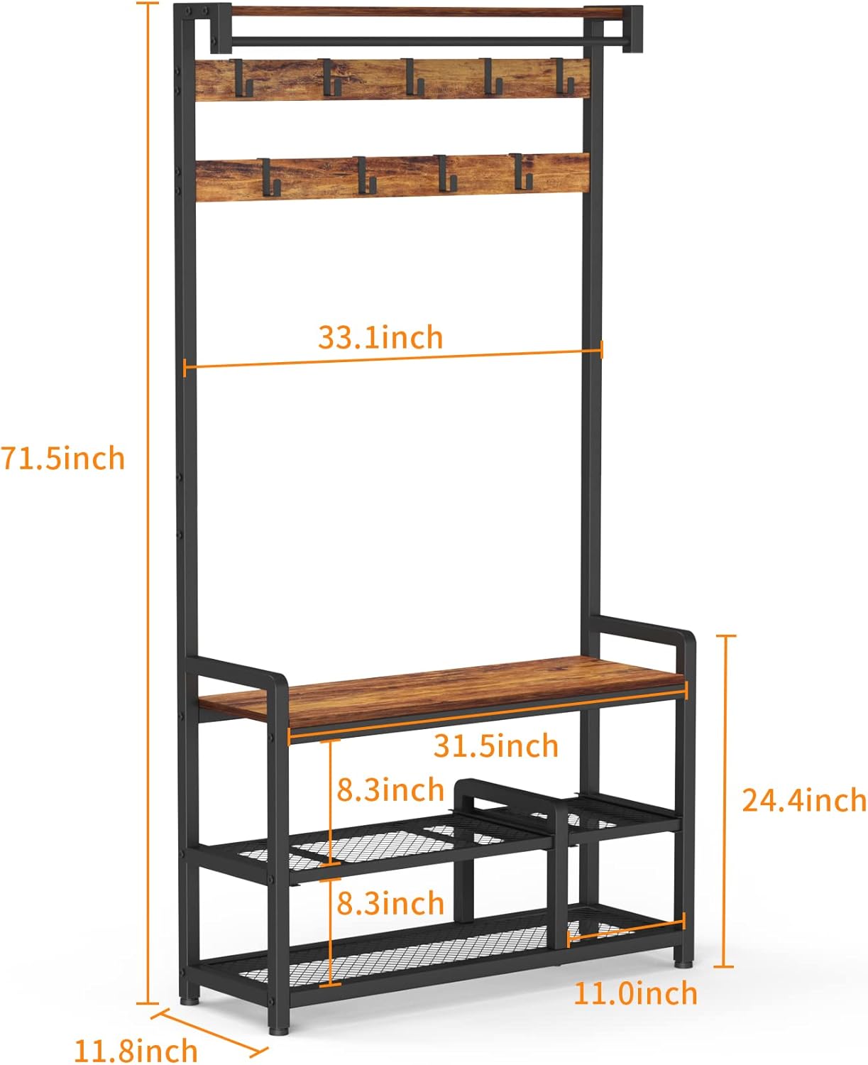 Mr IRONSTONE Coat Rack Shoe Bench Hall Tree with Detachable Shelf, 3-in-1 Entryway Shoe Rack Shelf Mudroom Garage Storage Organizer, 33.1" L x 11.8" W x 71.5" H (Vintage+Black) : Home & Kitchen