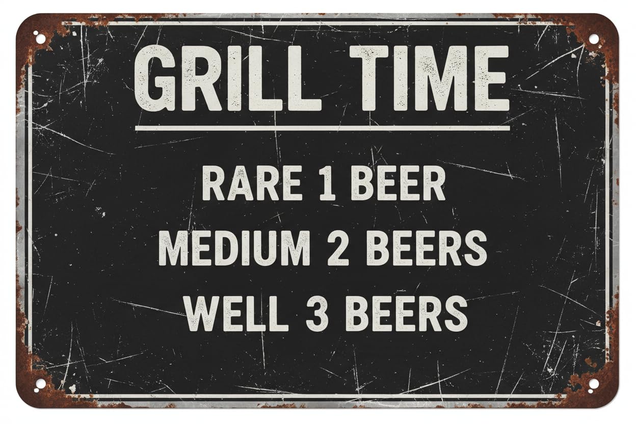 Grill Time Rare 1 Beer Funny Tin Sign, 8x12 Inch