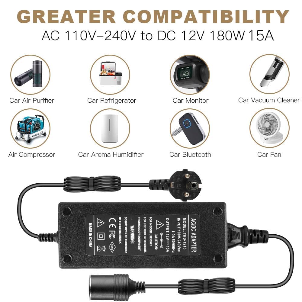 Convertitore da 240V a 12V Adattatore, Alimentatore AC a DC Adattatore, 12V 15A 180W Convertitore di alimentazione, per Pompa Aria per Auto, Aspirapolvere per Auto Frigorifero