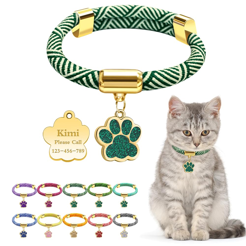 Personalized Breakaway Cat Collars with Magnetic Quick Release Buckle, Custom Engraved Name Tag for Cats (Stripe Green)