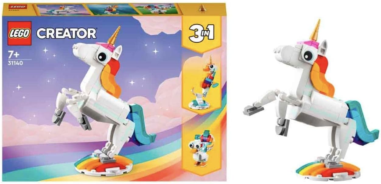 Creator Magical Unicorn 31140 Building Toy Set, with Unicorn, Seahorse and Peacock Models for Kids Aged 7+