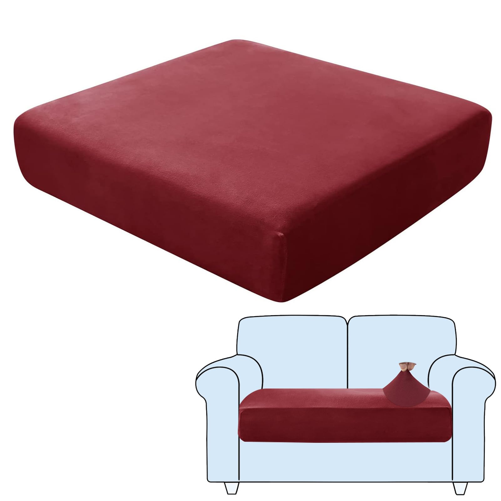SHUOJIA Sofa Seat Cushion Covers, Stretch Velvet Sofa Cover, Non-Slip Couch Cushion Covers Replacement for Individual Cushion,with Elastic Fabric,Machine Washable (Dark Red,Large-2-Seater)