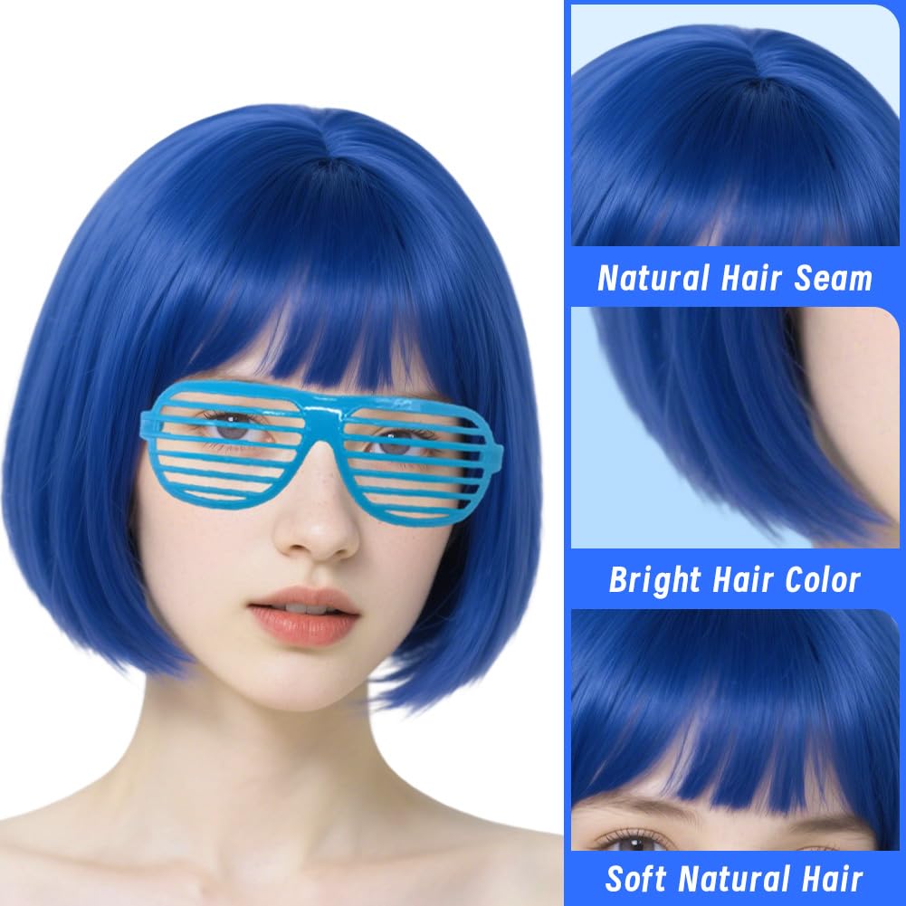 SWZY Short Bob Wig For Women,4pcs Blue Bob Wigs With Sunglasses And Wig Cap,Fancy Dress Short Synthetic Bangs Wigs For Women Natural Looking For Daily Use - Image 2