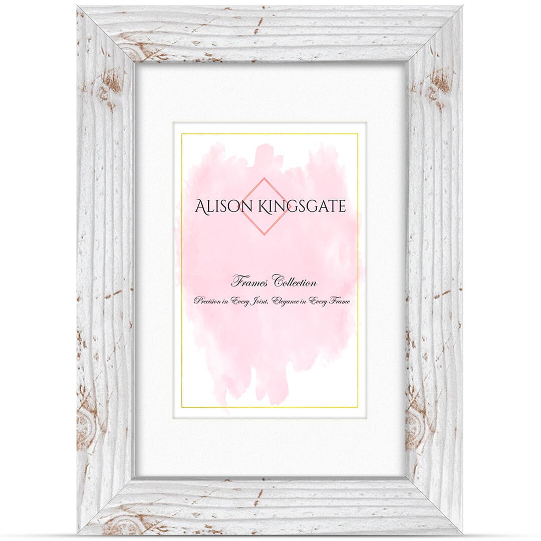 Alison Kingsgate A5 White Rustic Picture Frame with A6 Mount - Engineered Wood Photo Frame with Precision Cut Cardboard Mount - Ideal for Posters -Sizes & Colours Available — image 1