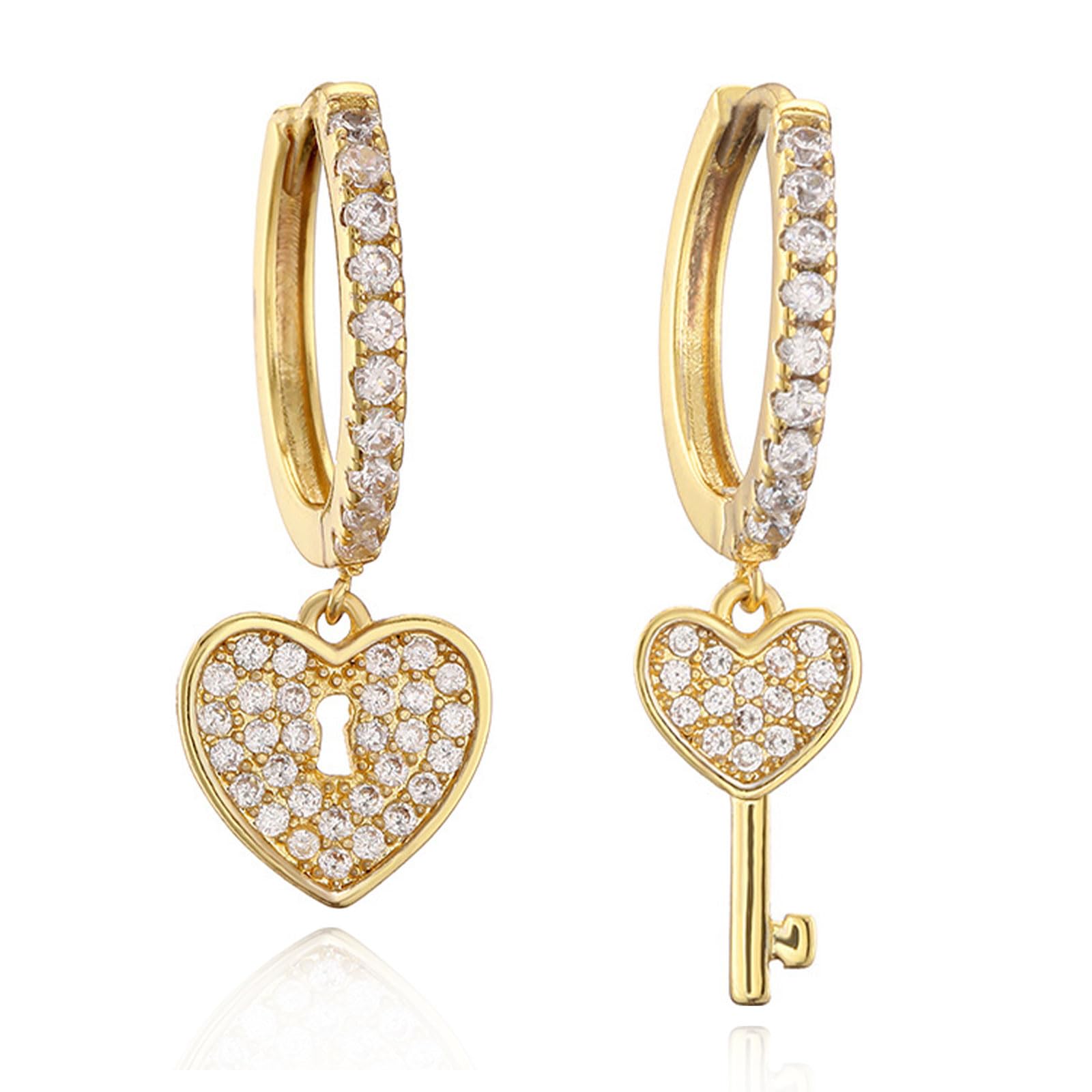 Kleine Creolen Ohrringe mit Anhänger, Asymmetrische Herz Schloss Funkelnde CZ Tropfen Ohrringe für Damen, Hypoallergen 14K Vergoldet Schlafen Knorpel Ohrringe Schmuck Geschenk (Gold Herz)